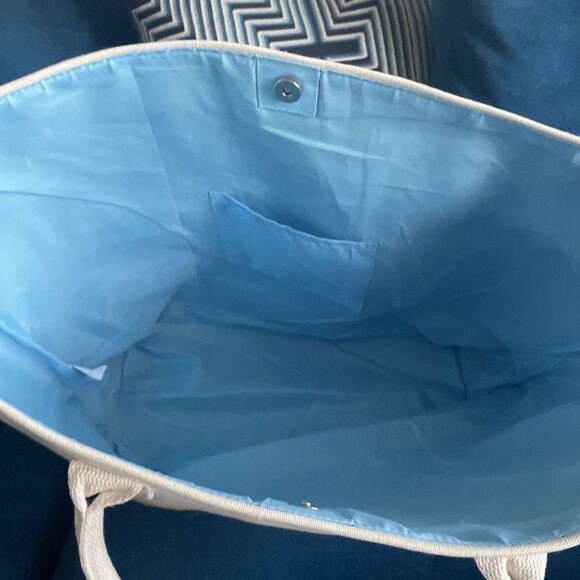 Paradise Women’s Resort Ready Woven Tote Bag Tan Blue Snap Closure Large - Picture 6 of 12